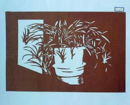 D26020066〇伊勢型紙 手彫り 鉢植え植物 アート 伝統和紙工芸 貼り絵 切り絵 昭和レトロ インテリア〇和本古書古文書