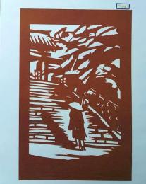 D26020075〇伊勢型紙 手彫り 托鉢僧と寺 アート 伝統和紙工芸 貼り絵 切り絵 昭和レトロ インテリア〇和本古書古文書