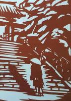 D26020075〇伊勢型紙 手彫り 托鉢僧と寺 アート 伝統和紙工芸 貼り絵 切り絵 昭和レトロ インテリア〇和本古書古文書