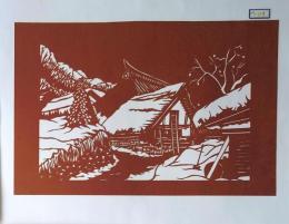 D26020079〇伊勢型紙 手彫り 雪深き村落 アート 伝統和紙工芸 貼り絵 切り絵 昭和レトロ インテリア〇和本古書古文書