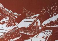 D26020079〇伊勢型紙 手彫り 雪深き村落 アート 伝統和紙工芸 貼り絵 切り絵 昭和レトロ インテリア〇和本古書古文書