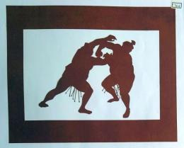 D26020084〇伊勢型紙 手彫り 相撲 押相撲 アート 伝統和紙工芸 貼り絵 切り絵 昭和レトロ インテリア〇和本古書古文書