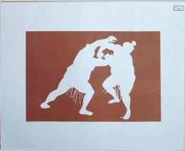 D26020085〇伊勢型紙 手彫り 相撲 押相撲 アート 伝統和紙工芸 貼り絵 切り絵 昭和レトロ インテリア〇和本古書古文書