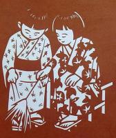 D26020086〇伊勢型紙 手彫り 二人で花火 アート 伝統和紙工芸 貼り絵 切り絵 昭和レトロ インテリア〇和本古書古文書