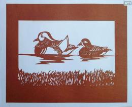 D26020089〇伊勢型紙 手彫り オシドリ  アート 伝統和紙工芸 貼り絵 切り絵 昭和レトロ インテリア〇和本古書古文書