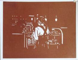 D26020106〇伊勢型紙 手彫り 喫茶店の一アングル アート 伝統和紙工芸 貼り絵 切り絵 昭和レトロ インテリア〇和本古書古文書