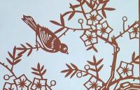 D26020114〇伊勢型紙 手彫り 鳥と花とのふれあい 日本の風景 アート 伝統和紙工芸 貼り絵 切り絵 昭和レトロ インテリア〇和本古書古文書