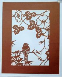 D26020117〇伊勢型紙 手彫り 鳥と花とのふれあい 日本の風景 アート 伝統和紙工芸 貼り絵 切り絵 昭和レトロ インテリア〇和本古書古文書