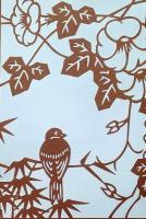 D26020117〇伊勢型紙 手彫り 鳥と花とのふれあい 日本の風景 アート 伝統和紙工芸 貼り絵 切り絵 昭和レトロ インテリア〇和本古書古文書