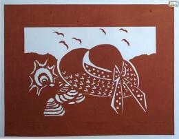 D26020123〇伊勢型紙 手彫り 麦わら帽子 夏の風物詩 アート 伝統和紙工芸 貼り絵 切り絵 昭和レトロ インテリア〇和本古書古文書