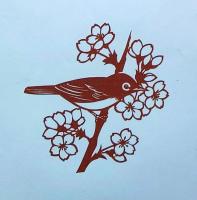 D26020128〇伊勢型紙 手彫り 桜にメジロ 春の風物詩 アート 伝統和紙工芸 貼り絵 切り絵 昭和レトロ インテリア〇和本古書古文書