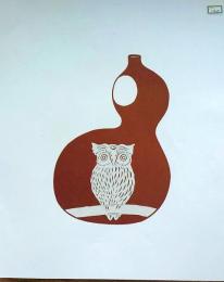 D26020130〇伊勢型紙 手彫り 瓢箪にフクロウ アート 伝統和紙工芸 貼り絵 切り絵 昭和レトロ インテリア〇和本古書古文書