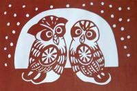 D26020134〇伊勢型紙 手彫り フクロウ ツガイ夫婦 アート 伝統和紙工芸 貼り絵 切り絵 昭和レトロ インテリア〇和本古書古文書