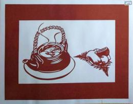 D26020135〇伊勢型紙 手彫り 松茸 土瓶蒸し アート 伝統和紙工芸 貼り絵 切り絵 昭和レトロ インテリア〇和本古書古文書