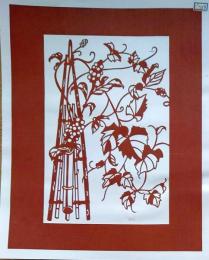D26020138〇伊勢型紙 手彫り 蔓科植物 竹筒 アート 伝統和紙工芸 貼り絵 切り絵 昭和レトロ インテリア〇和本古書古文書