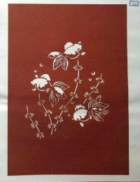 D26020143〇伊勢型紙 手彫り 金魚 水草 夏の風物詩 アート 伝統和紙工芸 貼り絵 切り絵 昭和レトロ インテリア〇和本古書古文書
