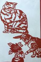 D26020147〇伊勢型紙 手彫り ネコ 猫 アート 伝統和紙工芸 貼り絵 切り絵 昭和レトロ インテリア〇和本古書古文書