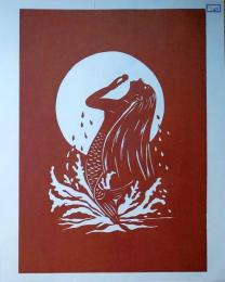 D26020149〇伊勢型紙 手彫り 人魚姫 マーメイド 月 アート 伝統和紙工芸 貼り絵 切り絵 昭和レトロ インテリア〇和本古書古文書