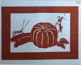D26020155〇伊勢型紙 手彫り カボチャ 秋野菜 昆虫 秋の風物詩 アート 伝統和紙工芸 貼り絵 切り絵 昭和レトロ インテリア〇和本古書古文書