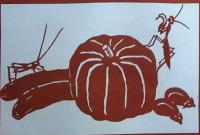 D26020155〇伊勢型紙 手彫り カボチャ 秋野菜 昆虫 秋の風物詩 アート 伝統和紙工芸 貼り絵 切り絵 昭和レトロ インテリア〇和本古書古文書