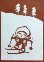 D26020162〇伊勢型紙 手彫り ２月 スキー 滑雪 戦前昭和世代子供の年中行事 アート 伝統和紙工芸 貼り絵 切り絵 昭和レトロ インテリア〇和本古書古文書