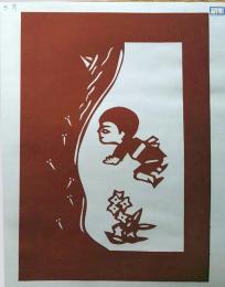 D26020163〇伊勢型紙 手彫り ３月 メダカ遊び スイセン 戦前昭和世代子供の年中行事 アート 伝統和紙工芸 貼り絵 切り絵 昭和レトロ インテリア〇和本古書古文書