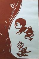 D26020163〇伊勢型紙 手彫り ３月 メダカ遊び スイセン 戦前昭和世代子供の年中行事 アート 伝統和紙工芸 貼り絵 切り絵 昭和レトロ インテリア〇和本古書古文書