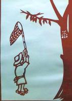 D26020168〇伊勢型紙 手彫り ８月 セミ捕り 戦前昭和世代子供の年中行事 アート 伝統和紙工芸 貼り絵 切り絵 昭和レトロ インテリア〇和本古書古文書