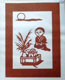 D26020168〇伊勢型紙 手彫り ８月 セミ捕り 戦前昭和世代子供の年中行事 アート 伝統和紙工芸 貼り絵 切り絵 昭和レトロ インテリア〇和本古書古文書