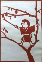 D26020171〇伊勢型紙 手彫り １１月 柿の収穫 戦前昭和世代子供の年中行事 アート 伝統和紙工芸 貼り絵 切り絵 昭和レトロ インテリア〇和本古書古文書