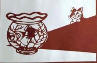 D26020179〇伊勢型紙 手彫り 金魚 金魚鉢 猫 アート 伝統和紙工芸 貼り絵 切り絵 昭和レトロ インテリア〇和本古書古文書