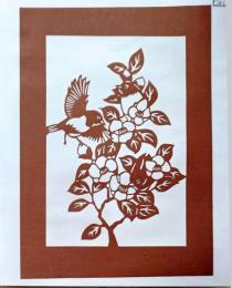 D26020181〇伊勢型紙 手彫り 椿 鳥 メジロ アート 伝統和紙工芸 貼り絵 切り絵 昭和レトロ インテリア〇和本古書古文書