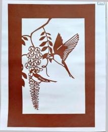 D26020190〇伊勢型紙 手彫り 藤の花 小鳥 アート 伝統和紙工芸 貼り絵 切り絵 昭和レトロ インテリア〇和本古書古文書