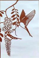 D26020190〇伊勢型紙 手彫り 藤の花 小鳥 アート 伝統和紙工芸 貼り絵 切り絵 昭和レトロ インテリア〇和本古書古文書