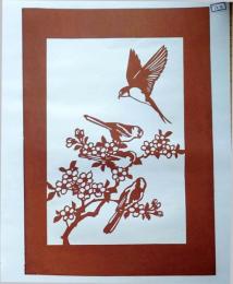 D26020193〇伊勢型紙 手彫り 桜の花 小鳥 アート 伝統和紙工芸 貼り絵 切り絵 昭和レトロ インテリア〇和本古書古文書