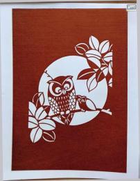 D26020200〇伊勢型紙 手彫り フクロウ ミミズク 親子 アート 伝統和紙工芸 貼り絵 切り絵 昭和レトロ インテリア〇和本古書古文書