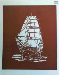 D26020244〇伊勢型紙 手彫り 帆船 アート 伝統和紙工芸 貼り絵 切り絵 昭和レトロ インテリア〇和本古書古文書