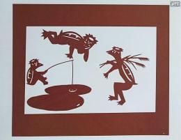 D26020247〇伊勢型紙 手彫り 河童 カッパ 三体 アート 伝統和紙工芸 貼り絵 切り絵 昭和レトロ インテリア〇和本古書古文書