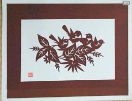 D26020267〇伊勢型紙 手彫り 小鳥たち アート 伝統和紙工芸 貼り絵 切り絵 昭和レトロ インテリア〇和本古書古文書