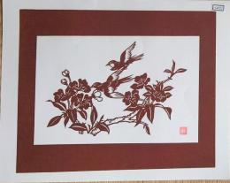 D26020271〇伊勢型紙 手彫り 小鳥と花 アート 伝統和紙工芸 貼り絵 切り絵 昭和レトロ インテリア〇和本古書古文書