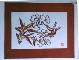 D26020272〇伊勢型紙 手彫り 小鳥と花 アート 伝統和紙工芸 貼り絵 切り絵 昭和レトロ インテリア〇和本古書古文書