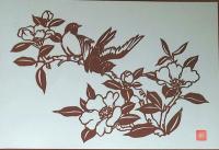 D26020274〇伊勢型紙 手彫り 小鳥と花 アート 伝統和紙工芸 貼り絵 切り絵 昭和レトロ インテリア〇和本古書古文書