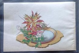D26030602〇彩色石版画 雁来花紅 に芙蓉と水引草 盛花 西洋花    生花図譜  華道 生花 解説付き 昭和年代〇和本古書古文書