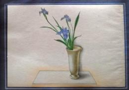 D26030605〇彩色石版画  燕子花 かきつばた 盛花 西洋花 生花図譜  華道 生花 解説付き 昭和年代〇和本古書古文書