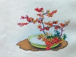 D26030651〇彩色石版画   夏櫨に白躑躅 盛花 西洋花 生花図譜  華道 生花 解説付き 昭和年代〇和本古書古文書