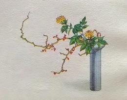 D26030654〇彩色石版画   ツルウメモドキに黃ダリア 盛花 西洋花 生花図譜  華道 生花 解説付き 昭和年代〇和本古書古文書