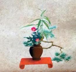 D26030657〇彩色石版画  老松に赤椿 笹  盛花 西洋花 生花図譜  華道 生花 解説付き 昭和年代〇和本古書古文書