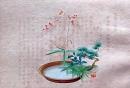 D26030660〇彩色石版画  老松にうめもどき笹 藪柑子  盛花 西洋花 生花図譜  華道 生花 解説付き 昭和年代〇和本古書古文書