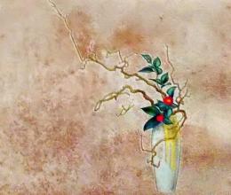 D26030663〇彩色石版画   雲竜梅に赤椿 盛花 西洋花 生花図譜  華道 生花 解説付き 昭和年代〇和本古書古文書