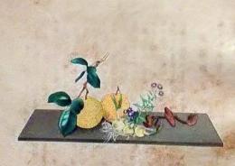 D26030664〇彩色石版画   橙に水仙 野菊 盛花 西洋花 生花図譜  華道 生花 解説付き 昭和年代〇和本古書古文書